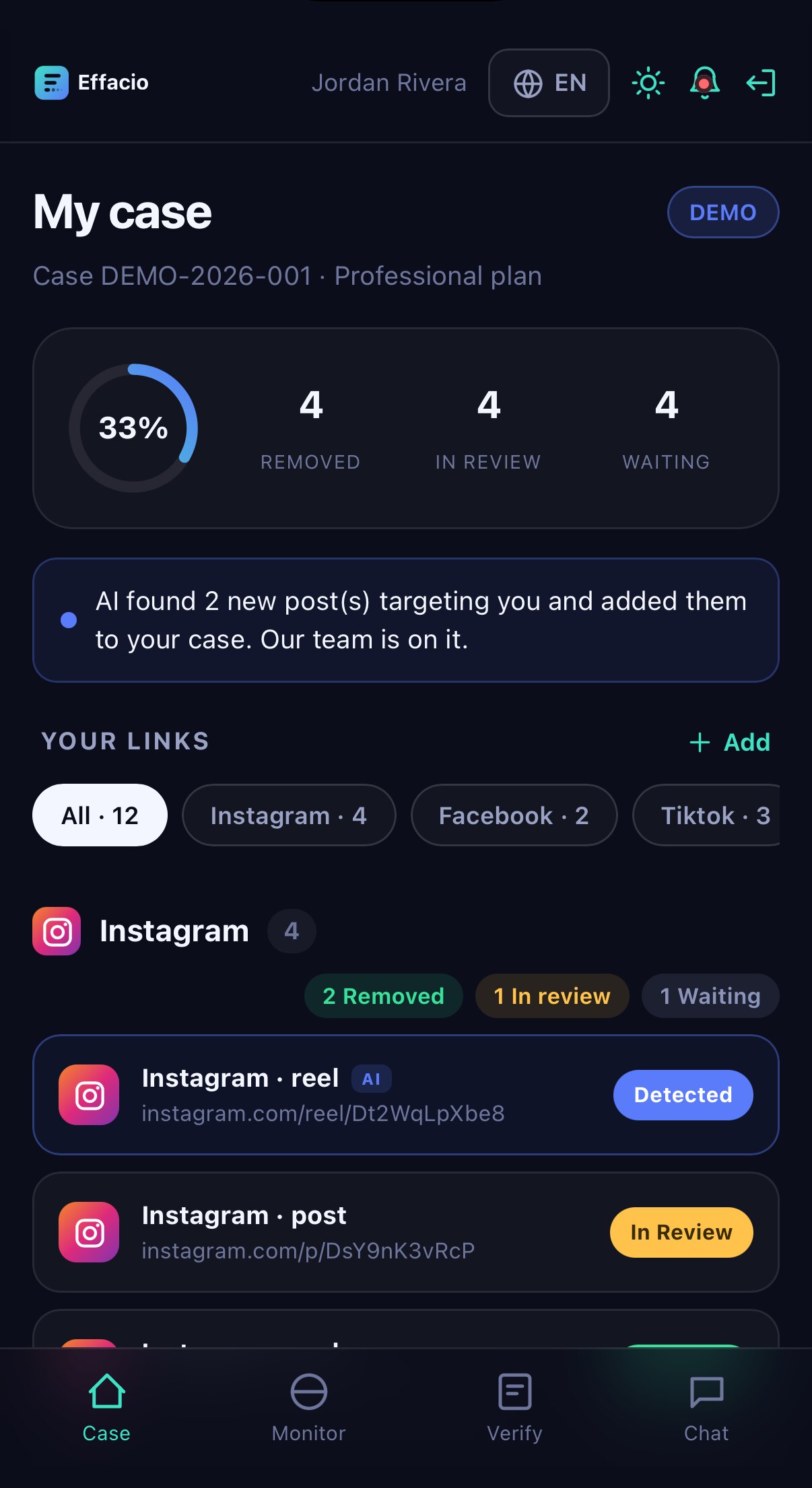 Effacio app — live case dashboard